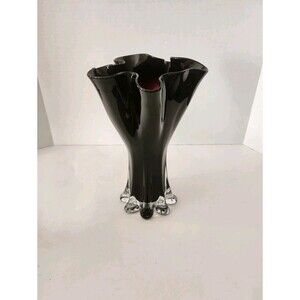 Vtg MCM Black Amethyst Clear Cased Stretch Swung Vase Murano Style Chalet Glass?